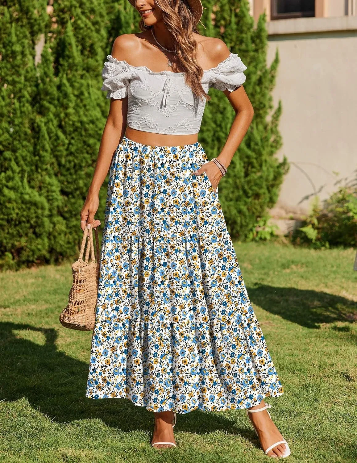 Zeagoo Skirts for Women Summer Boho Casual Maxi Flowy Elastic High Waist A-Line Tiered Swing Floral Long Skirts with Pockets