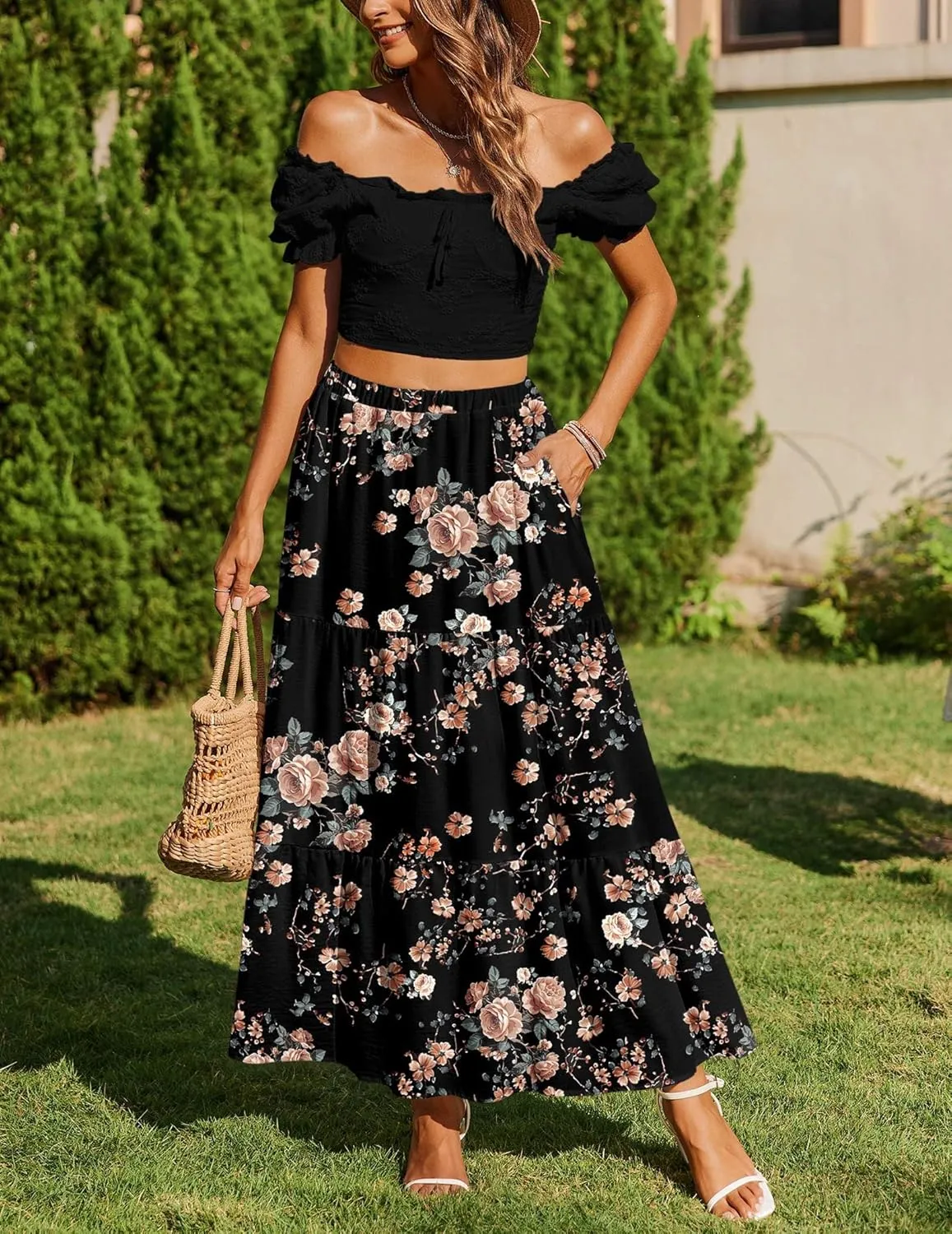 Zeagoo Skirts for Women Summer Boho Casual Maxi Flowy Elastic High Waist A-Line Tiered Swing Floral Long Skirts with Pockets