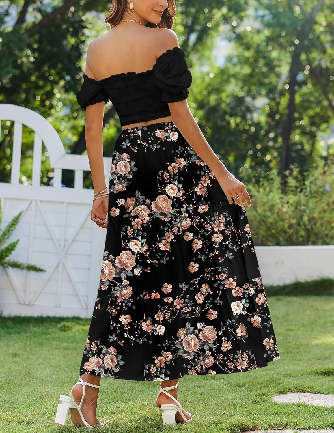Zeagoo Skirts for Women Summer Boho Casual Maxi Flowy Elastic High Waist A-Line Tiered Swing Floral Long Skirts with Pockets
