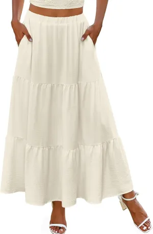 Zeagoo Skirts for Women Summer Boho Casual Maxi Flowy Elastic High Waist A-Line Tiered Swing Floral Long Skirts with Pockets