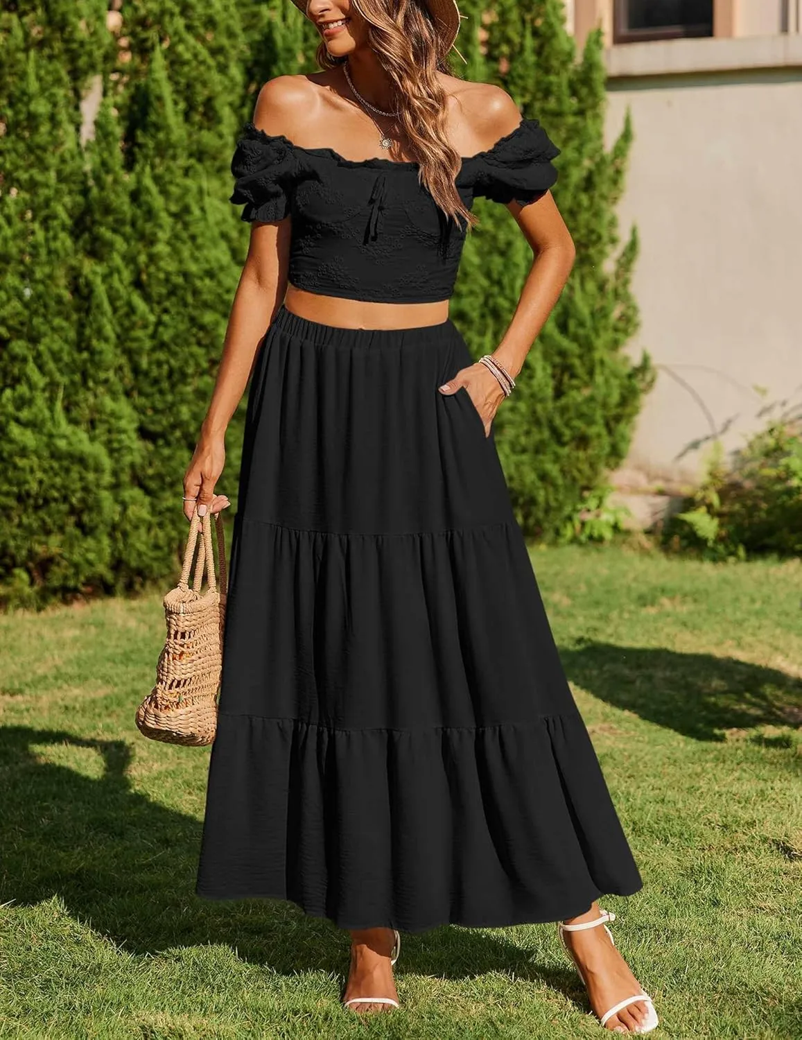 Zeagoo Skirts for Women Summer Boho Casual Maxi Flowy Elastic High Waist A-Line Tiered Swing Floral Long Skirts with Pockets