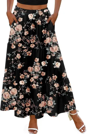 Zeagoo Skirts for Women Summer Boho Casual Maxi Flowy Elastic High Waist A-Line Tiered Swing Floral Long Skirts with Pockets