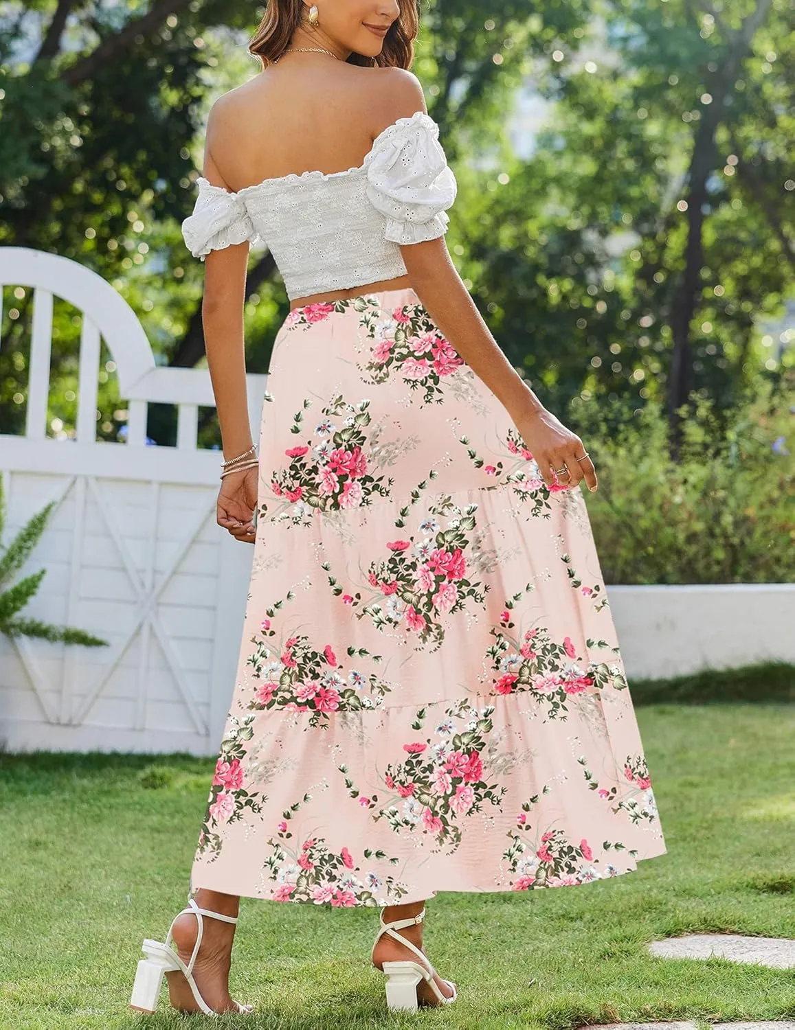 Zeagoo Skirts for Women Summer Boho Casual Maxi Flowy Elastic High Waist A-Line Tiered Swing Floral Long Skirts with Pockets