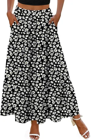 Zeagoo Skirts for Women Summer Boho Casual Maxi Flowy Elastic High Waist A-Line Tiered Swing Floral Long Skirts with Pockets