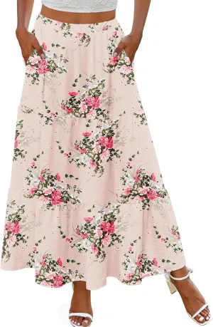 Zeagoo Skirts for Women Summer Boho Casual Maxi Flowy Elastic High Waist A-Line Tiered Swing Floral Long Skirts with Pockets