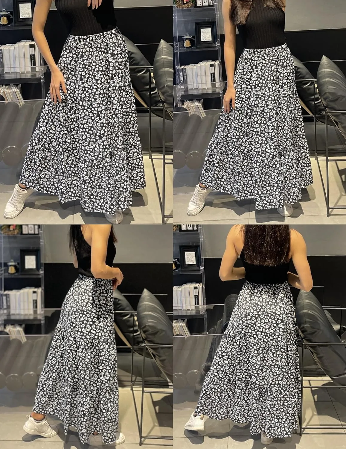 Zeagoo Skirts for Women Summer Boho Casual Maxi Flowy Elastic High Waist A-Line Tiered Swing Floral Long Skirts with Pockets