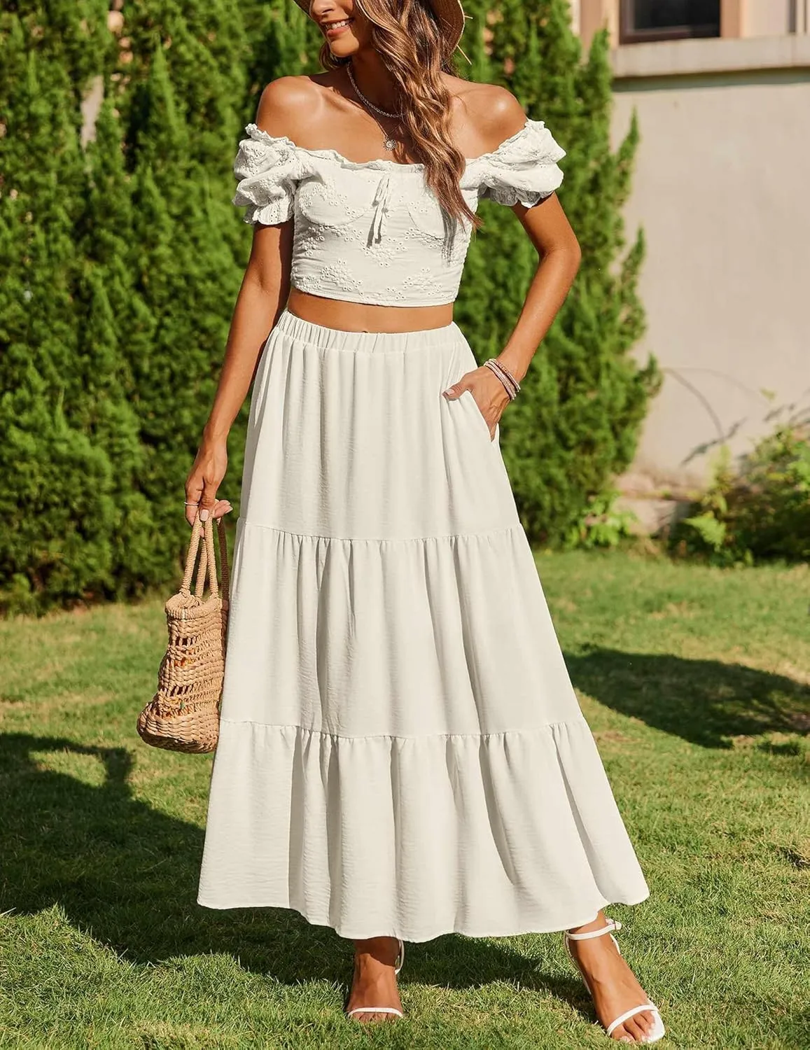Zeagoo Skirts for Women Summer Boho Casual Maxi Flowy Elastic High Waist A-Line Tiered Swing Floral Long Skirts with Pockets