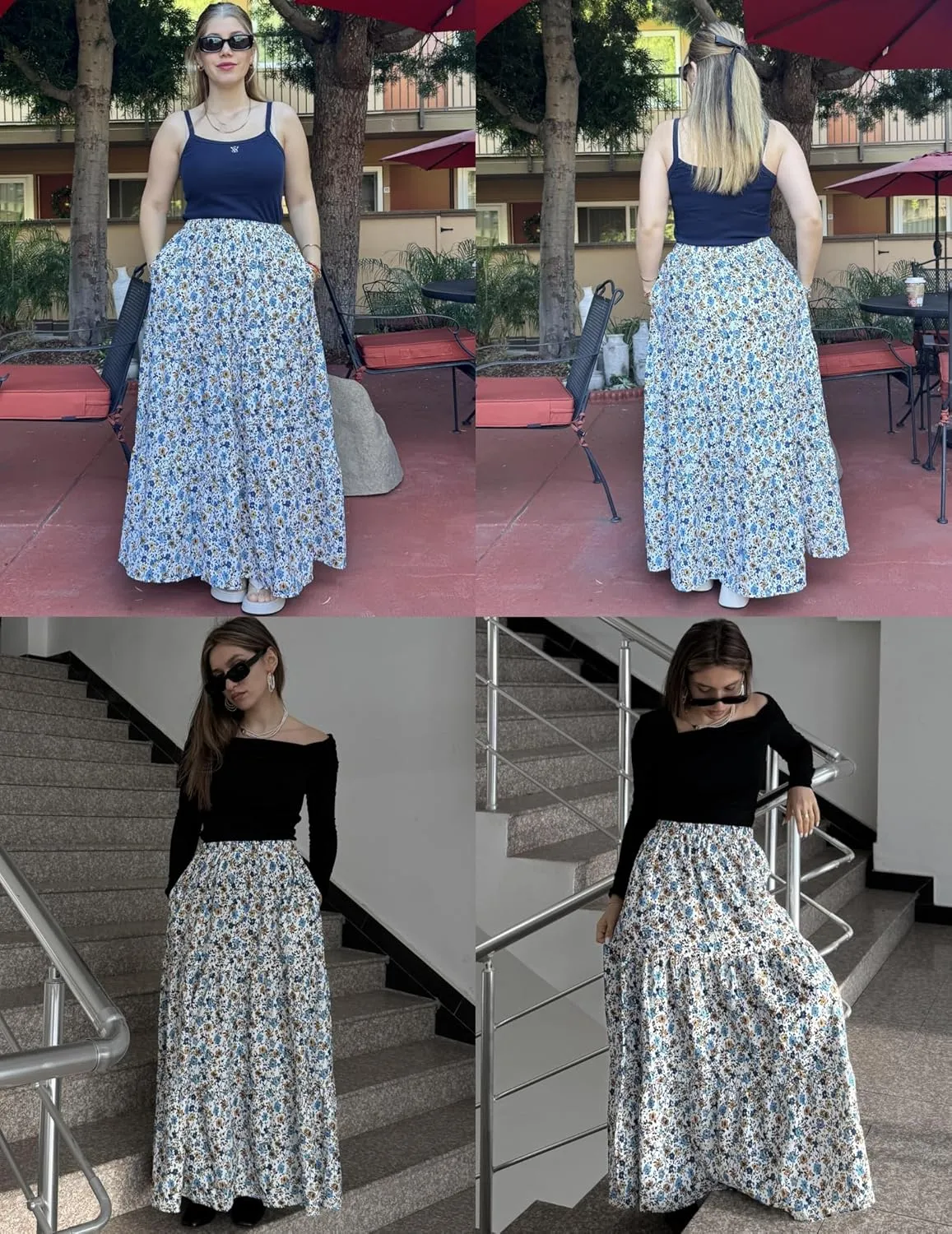 Zeagoo Skirts for Women Summer Boho Casual Maxi Flowy Elastic High Waist A-Line Tiered Swing Floral Long Skirts with Pockets