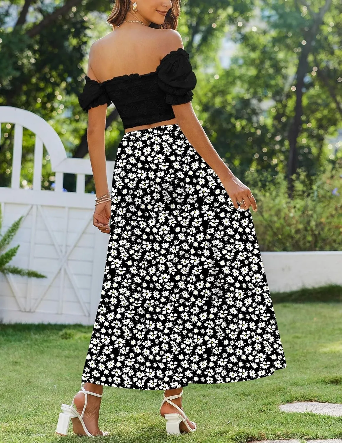Zeagoo Skirts for Women Summer Boho Casual Maxi Flowy Elastic High Waist A-Line Tiered Swing Floral Long Skirts with Pockets