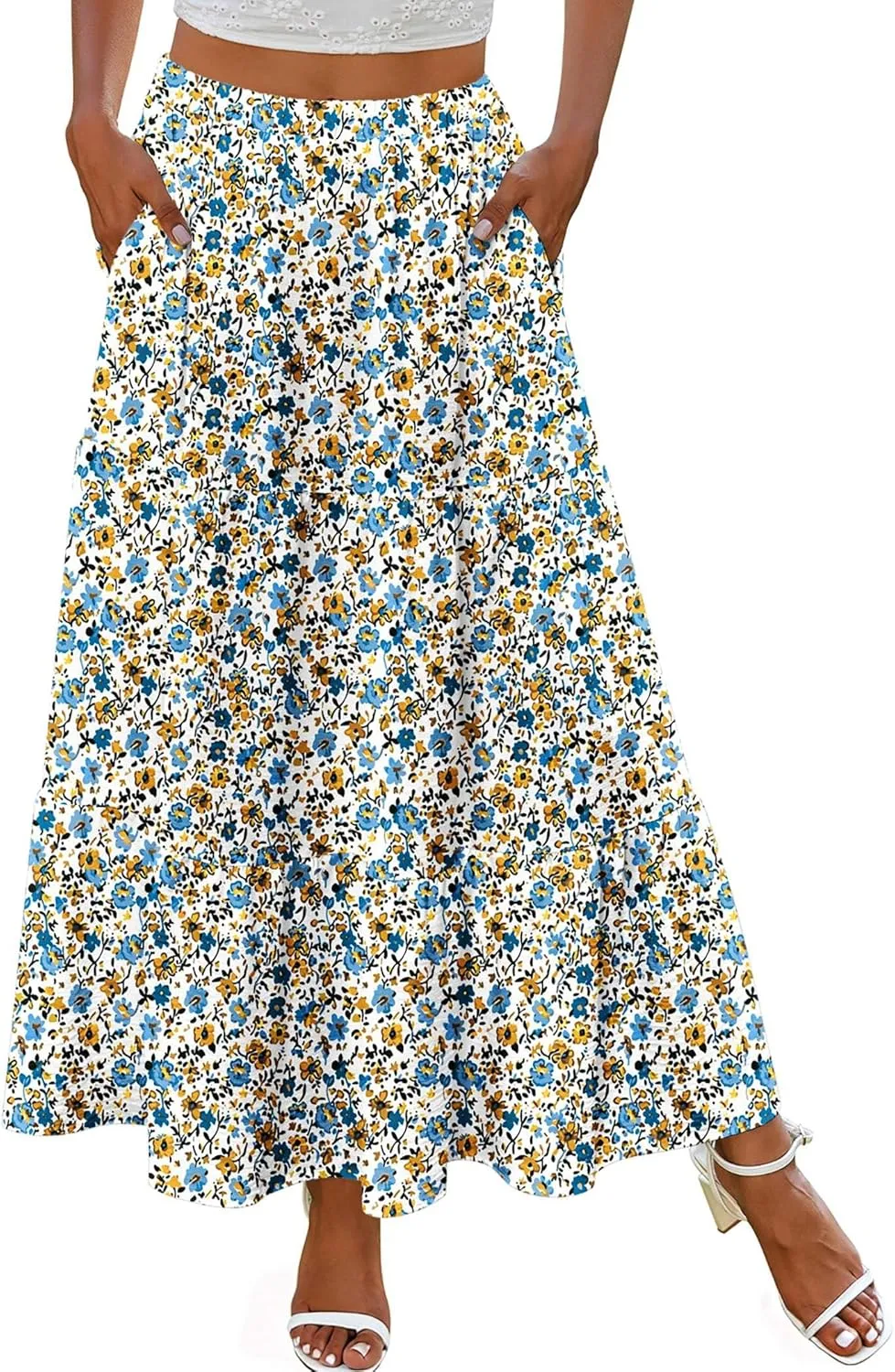 Zeagoo Skirts for Women Summer Boho Casual Maxi Flowy Elastic High Waist A-Line Tiered Swing Floral Long Skirts with Pockets