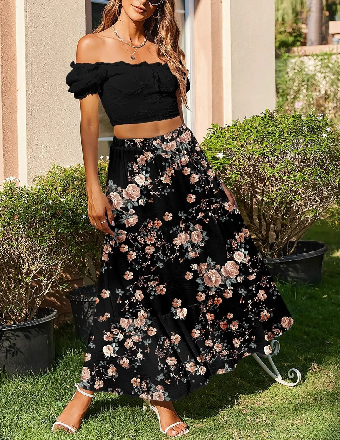 Zeagoo Skirts for Women Summer Boho Casual Maxi Flowy Elastic High Waist A-Line Tiered Swing Floral Long Skirts with Pockets
