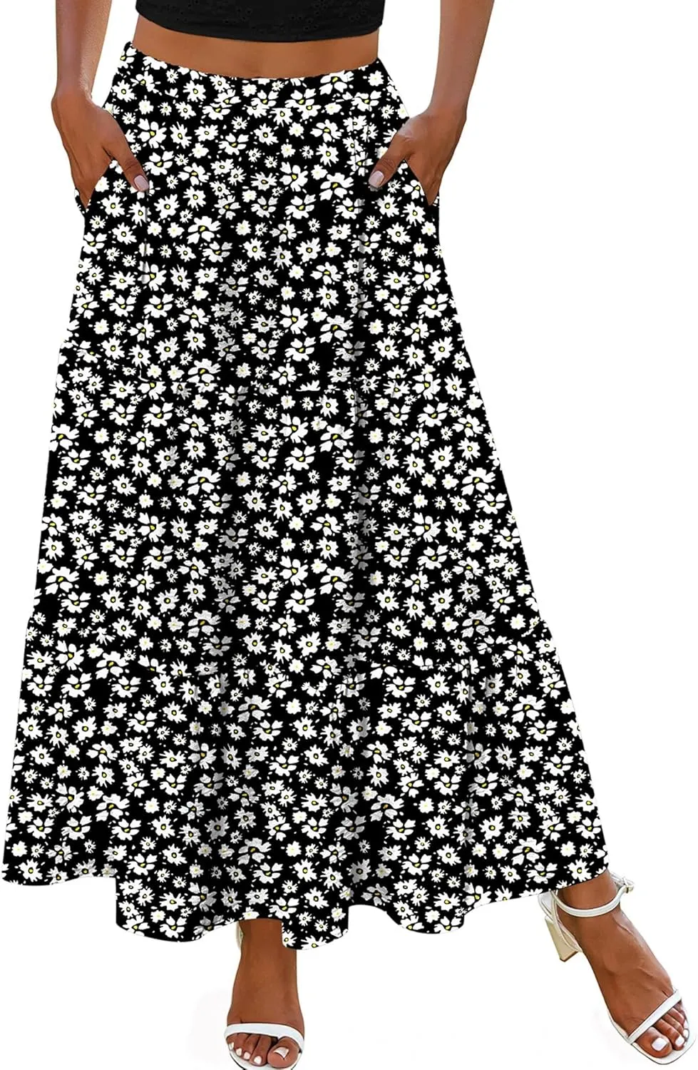 Zeagoo Skirts for Women Summer Boho Casual Maxi Flowy Elastic High Waist A-Line Tiered Swing Floral Long Skirts with Pockets