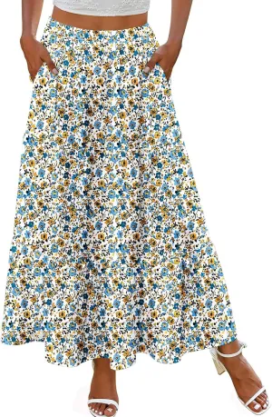 Zeagoo Skirts for Women Summer Boho Casual Maxi Flowy Elastic High Waist A-Line Tiered Swing Floral Long Skirts with Pockets