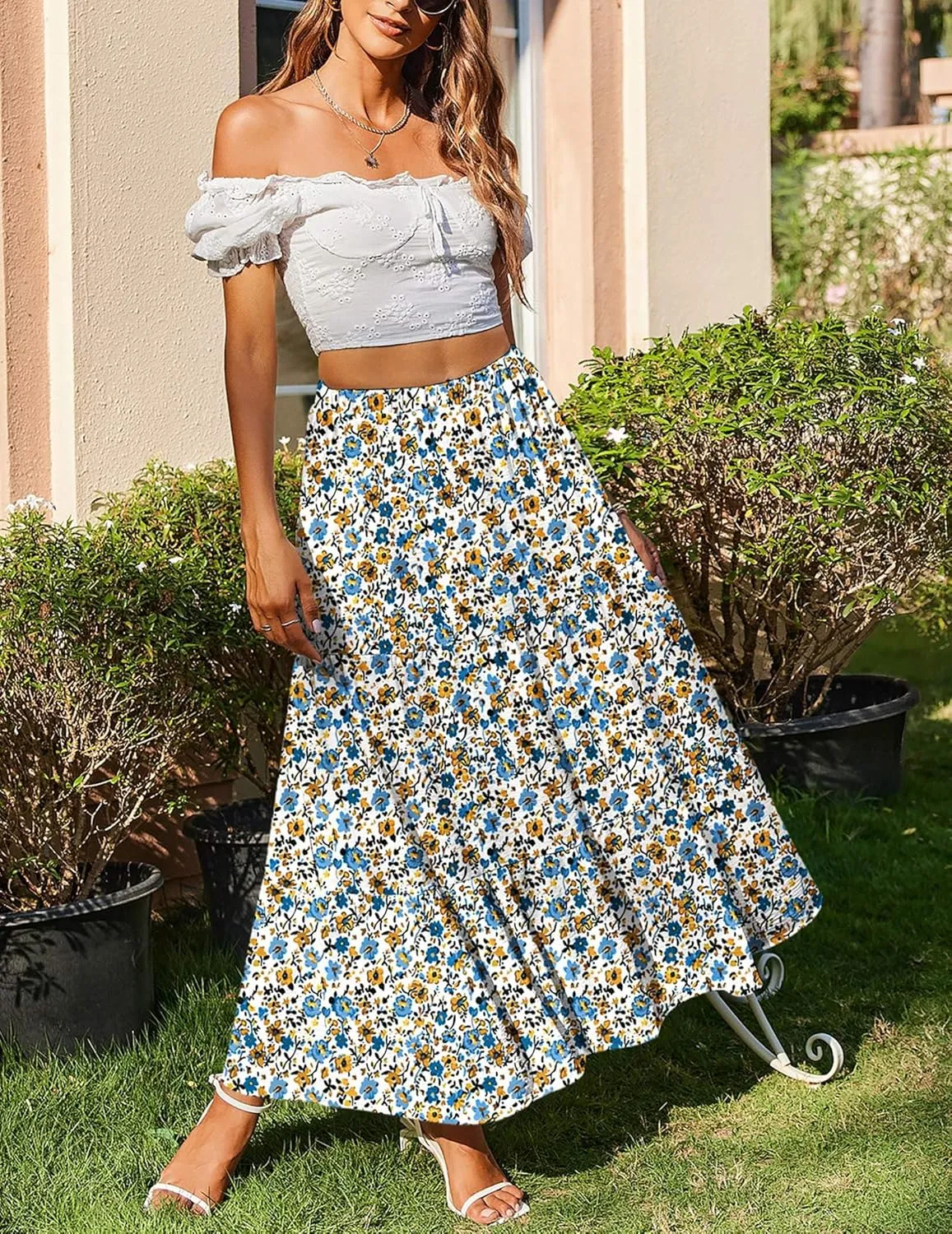 Zeagoo Skirts for Women Summer Boho Casual Maxi Flowy Elastic High Waist A-Line Tiered Swing Floral Long Skirts with Pockets