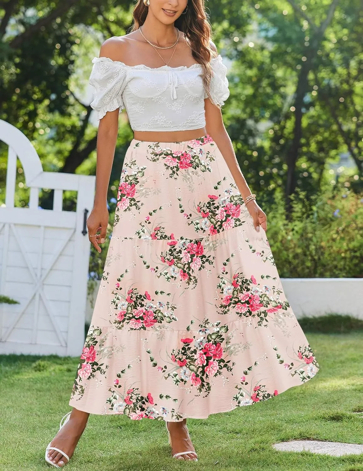 Zeagoo Skirts for Women Summer Boho Casual Maxi Flowy Elastic High Waist A-Line Tiered Swing Floral Long Skirts with Pockets