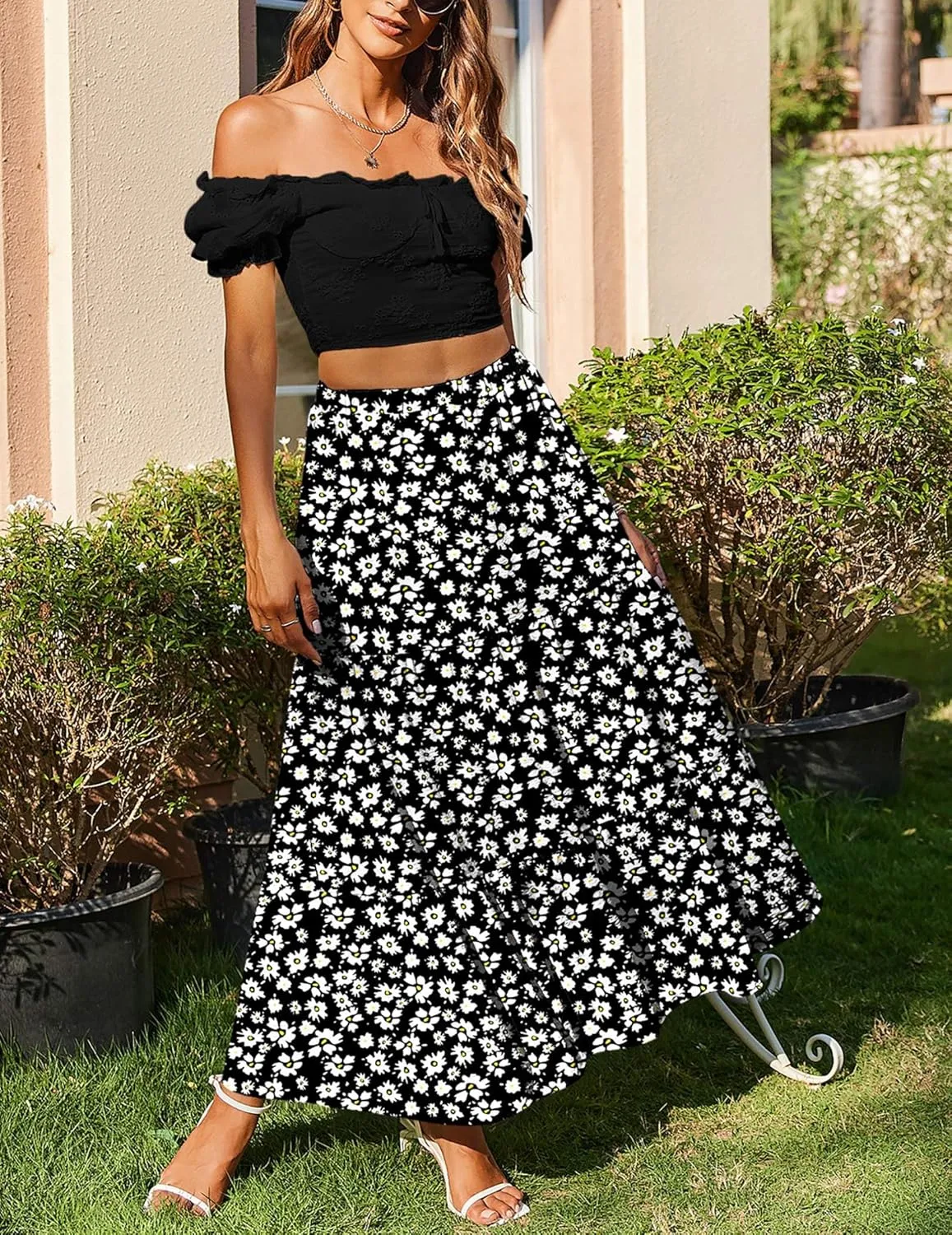Zeagoo Skirts for Women Summer Boho Casual Maxi Flowy Elastic High Waist A-Line Tiered Swing Floral Long Skirts with Pockets