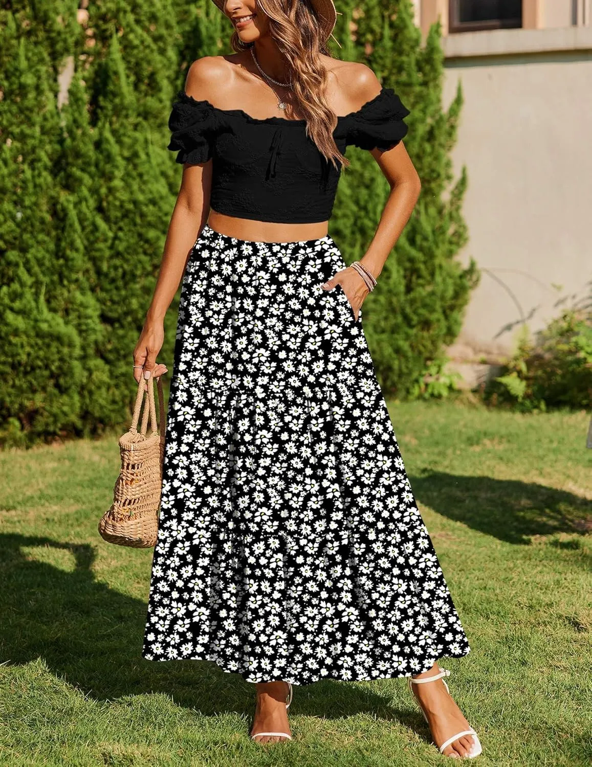 Zeagoo Skirts for Women Summer Boho Casual Maxi Flowy Elastic High Waist A-Line Tiered Swing Floral Long Skirts with Pockets