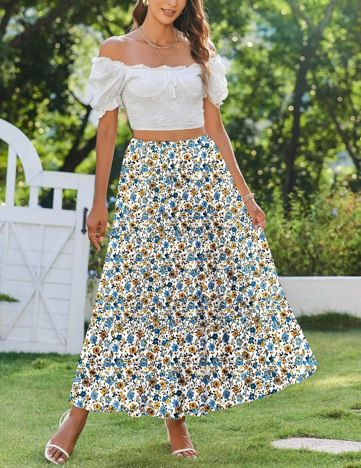 Zeagoo Skirts for Women Summer Boho Casual Maxi Flowy Elastic High Waist A-Line Tiered Swing Floral Long Skirts with Pockets