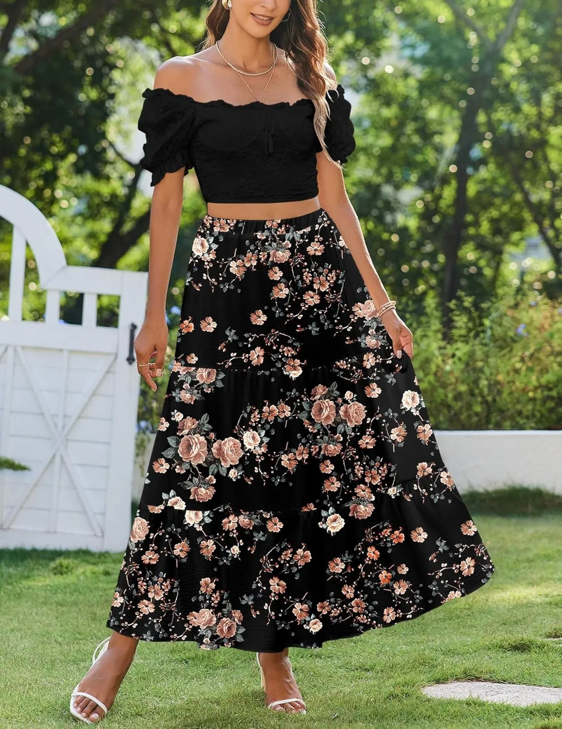 Zeagoo Skirts for Women Summer Boho Casual Maxi Flowy Elastic High Waist A-Line Tiered Swing Floral Long Skirts with Pockets