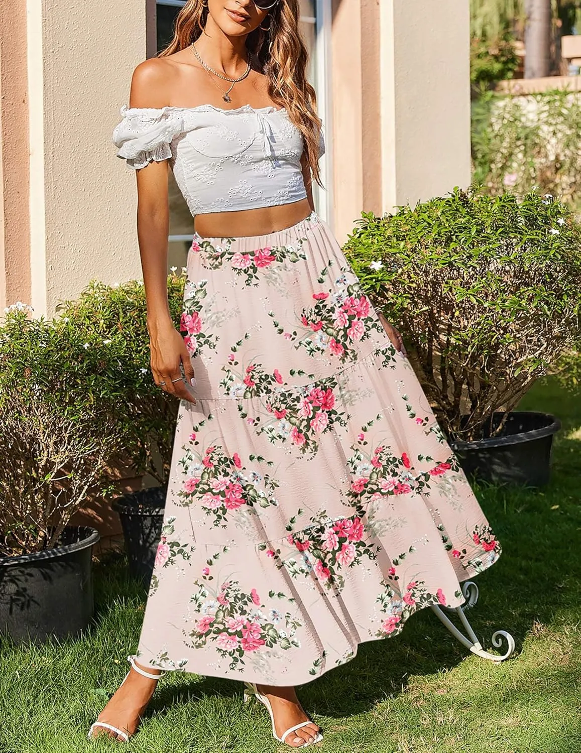 Zeagoo Skirts for Women Summer Boho Casual Maxi Flowy Elastic High Waist A-Line Tiered Swing Floral Long Skirts with Pockets