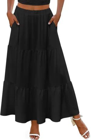 Zeagoo Skirts for Women Summer Boho Casual Maxi Flowy Elastic High Waist A-Line Tiered Swing Floral Long Skirts with Pockets