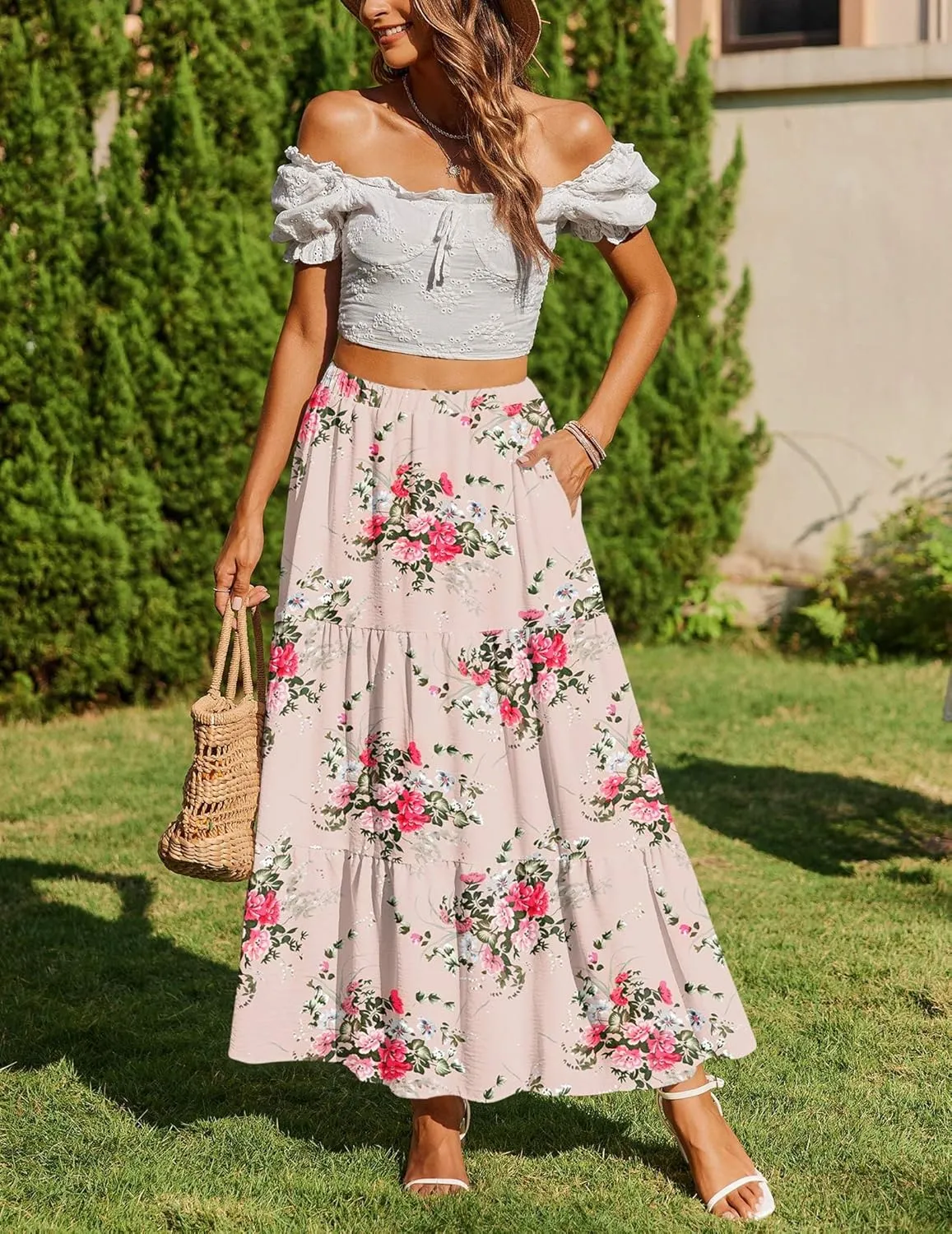 Zeagoo Skirts for Women Summer Boho Casual Maxi Flowy Elastic High Waist A-Line Tiered Swing Floral Long Skirts with Pockets