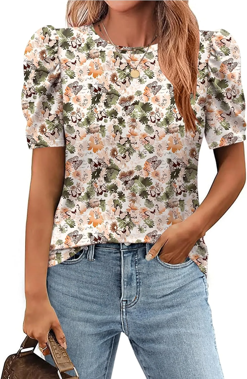 Zeagoo Summer Blouses for Women Puff Sleeve Tops Boho Floral Crew Neck Tunic Shirts Trendy Clothes