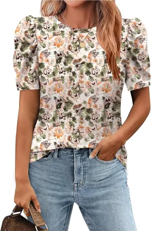 Zeagoo Summer Blouses for Women Puff Sleeve Tops Boho Floral Crew Neck Tunic Shirts Trendy Clothes