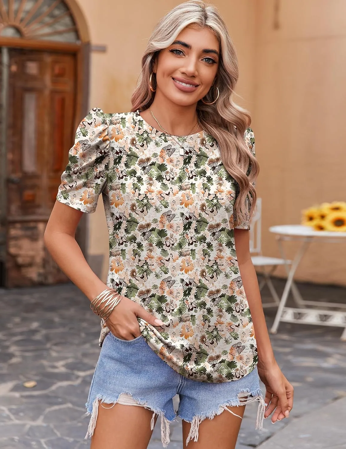 Zeagoo Summer Blouses for Women Puff Sleeve Tops Boho Floral Crew Neck Tunic Shirts Trendy Clothes