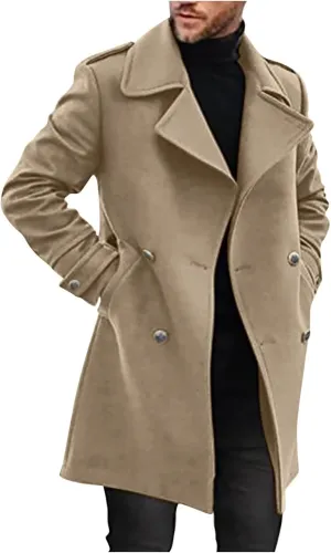 Zeiyignr Mens Double Breasted Trench Coat Casual Lapel Collar Business Winter Long Overcoats Wool Blend Pea Coat Windbreaker