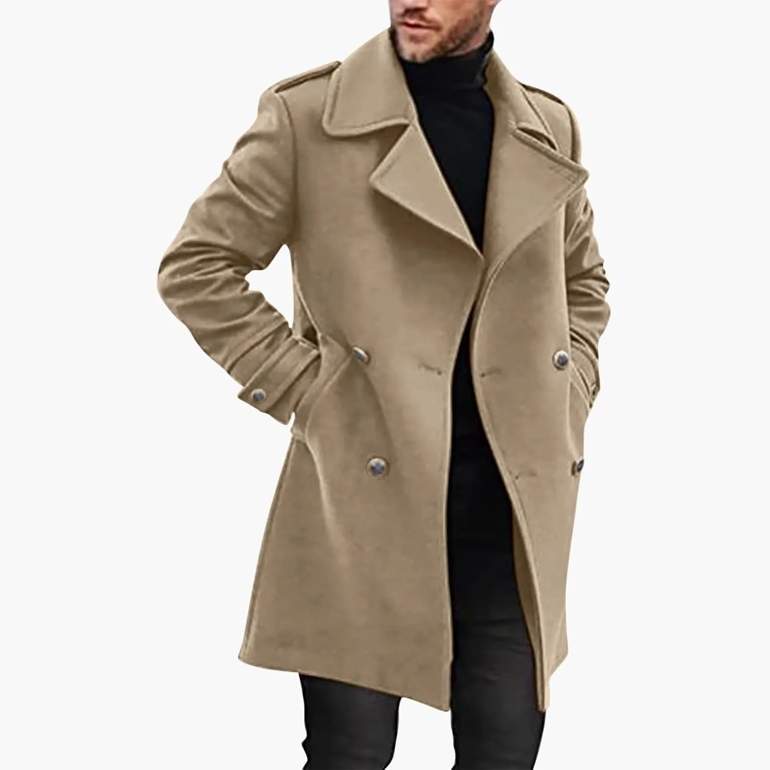 Zeiyignr Mens Double Breasted Trench Coat Casual Lapel Collar Business Winter Long Overcoats Wool Blend Pea Coat Windbreaker