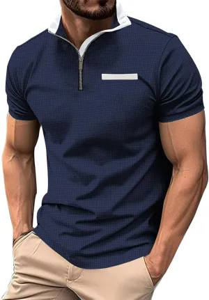 Zipper Henley Shirt for Men Fashion Solid Color Stand Collar Short Sleeve T Shirt Textured Classic Work Golf Shirts