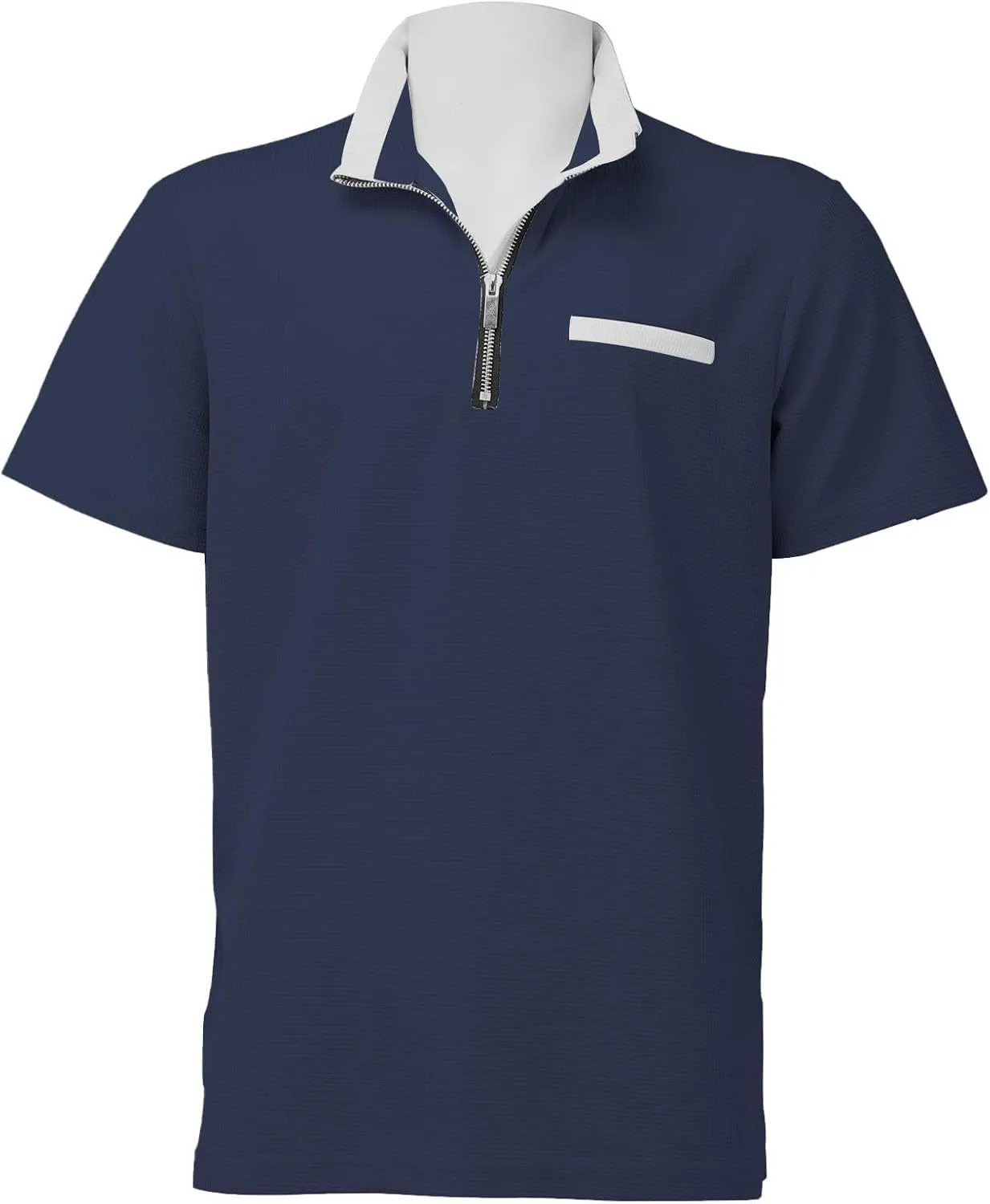Zipper Henley Shirt for Men Fashion Solid Color Stand Collar Short Sleeve T Shirt Textured Classic Work Golf Shirts